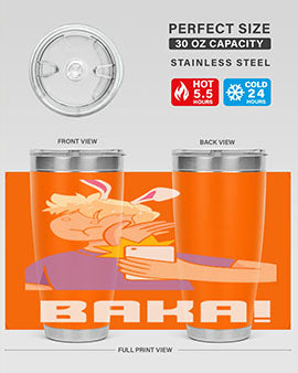 Funny Anime Baka Rabbit Slap Tumbler featuring a vibrant design, made of stainless steel with a drink-thru lid, perfect for hot and cold beverages.