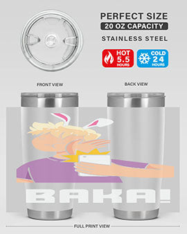 Funny Anime Baka Rabbit Slap Tumbler featuring a vibrant design, made of stainless steel with a drink-thru lid, perfect for hot and cold beverages.