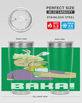 Funny Anime Baka Rabbit Slap Tumbler featuring a vibrant design, made of stainless steel with a drink-thru lid, perfect for hot and cold beverages.