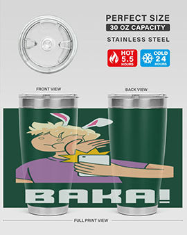 Funny Anime Baka Rabbit Slap Tumbler featuring a vibrant design, made of stainless steel with a drink-thru lid, perfect for hot and cold beverages.