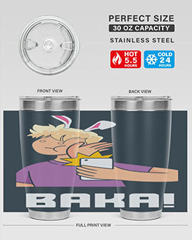 Funny Anime Baka Rabbit Slap Tumbler featuring a vibrant design, made of stainless steel with a drink-thru lid, perfect for hot and cold beverages.