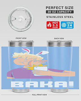 Funny Anime Baka Rabbit Slap Tumbler featuring a vibrant design, made of stainless steel with a drink-thru lid, perfect for hot and cold beverages.