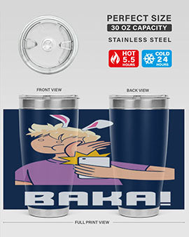 Funny Anime Baka Rabbit Slap Tumbler featuring a vibrant design, made of stainless steel with a drink-thru lid, perfect for hot and cold beverages.