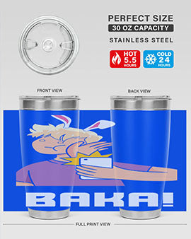 Funny Anime Baka Rabbit Slap Tumbler featuring a vibrant design, made of stainless steel with a drink-thru lid, perfect for hot and cold beverages.