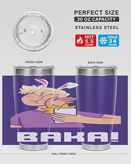Funny Anime Baka Rabbit Slap Tumbler featuring a vibrant design, made of stainless steel with a drink-thru lid, perfect for hot and cold beverages.