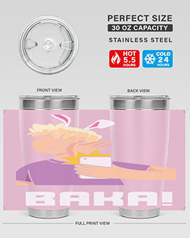Funny Anime Baka Rabbit Slap Tumbler featuring a vibrant design, made of stainless steel with a drink-thru lid, perfect for hot and cold beverages.