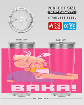 Funny Anime Baka Rabbit Slap Tumbler featuring a vibrant design, made of stainless steel with a drink-thru lid, perfect for hot and cold beverages.