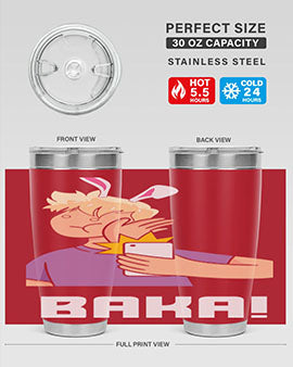 Funny Anime Baka Rabbit Slap Tumbler featuring a vibrant design, made of stainless steel with a drink-thru lid, perfect for hot and cold beverages.