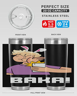 Funny Anime Baka Rabbit Slap Tumbler featuring a vibrant design, made of stainless steel with a drink-thru lid, perfect for hot and cold beverages.