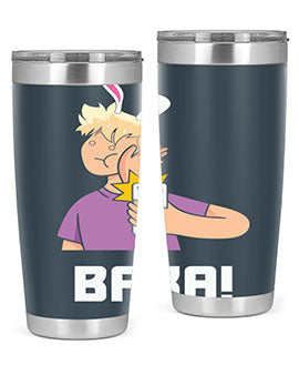 Funny Anime Baka Rabbit Slap Tumbler featuring a vibrant design, made of stainless steel with a drink-thru lid, perfect for hot and cold beverages.