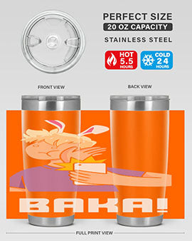 Funny Anime Baka Rabbit Slap Tumbler featuring a vibrant design, made of stainless steel with a drink-thru lid, perfect for hot and cold beverages.