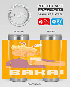 Funny Anime Baka Rabbit Slap Tumbler featuring a vibrant design, made of stainless steel with a drink-thru lid, perfect for hot and cold beverages.
