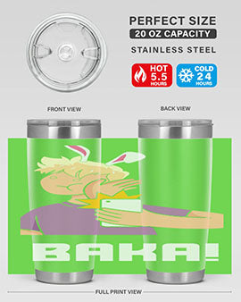 Funny Anime Baka Rabbit Slap Tumbler featuring a vibrant design, made of stainless steel with a drink-thru lid, perfect for hot and cold beverages.