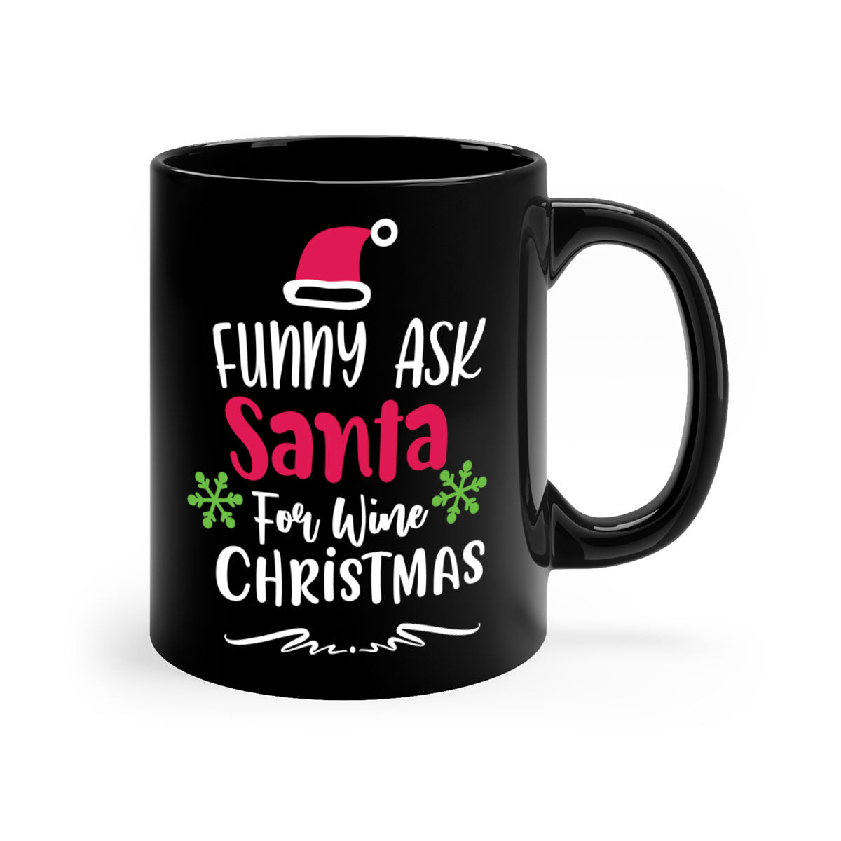 Funny Christmas mug featuring 'Ask Santa for Wine' design with colorful handle and interior, perfect for coffee or tea.
