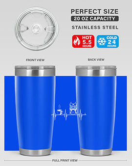 Funny Coffee Lover Night Owl Tumblers in 20oz and 30oz sizes, showcasing double wall vacuum stainless steel design with humorous print.