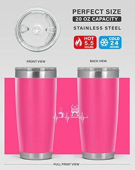 Funny Coffee Lover Night Owl Tumblers in 20oz and 30oz sizes, showcasing double wall vacuum stainless steel design with humorous print.