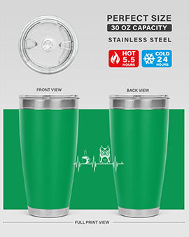 Funny Coffee Lover Night Owl Tumblers in 20oz and 30oz sizes, showcasing double wall vacuum stainless steel design with humorous print.