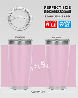 Funny Coffee Lover Night Owl Tumblers in 20oz and 30oz sizes, showcasing double wall vacuum stainless steel design with humorous print.