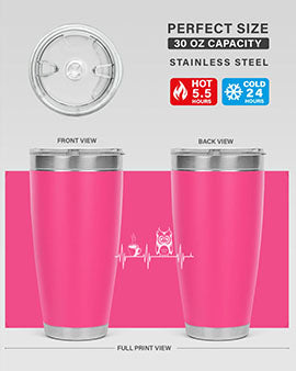 Funny Coffee Lover Night Owl Tumblers in 20oz and 30oz sizes, showcasing double wall vacuum stainless steel design with humorous print.