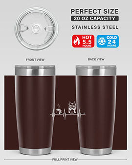 Funny Coffee Lover Night Owl Tumblers in 20oz and 30oz sizes, showcasing double wall vacuum stainless steel design with humorous print.