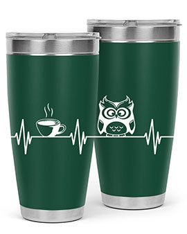 Funny Coffee Lover Night Owl Tumblers in 20oz and 30oz sizes, showcasing double wall vacuum stainless steel design with humorous print.