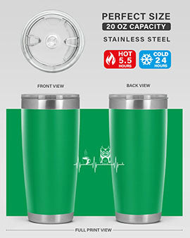 Funny Coffee Lover Night Owl Tumblers in 20oz and 30oz sizes, showcasing double wall vacuum stainless steel design with humorous print.