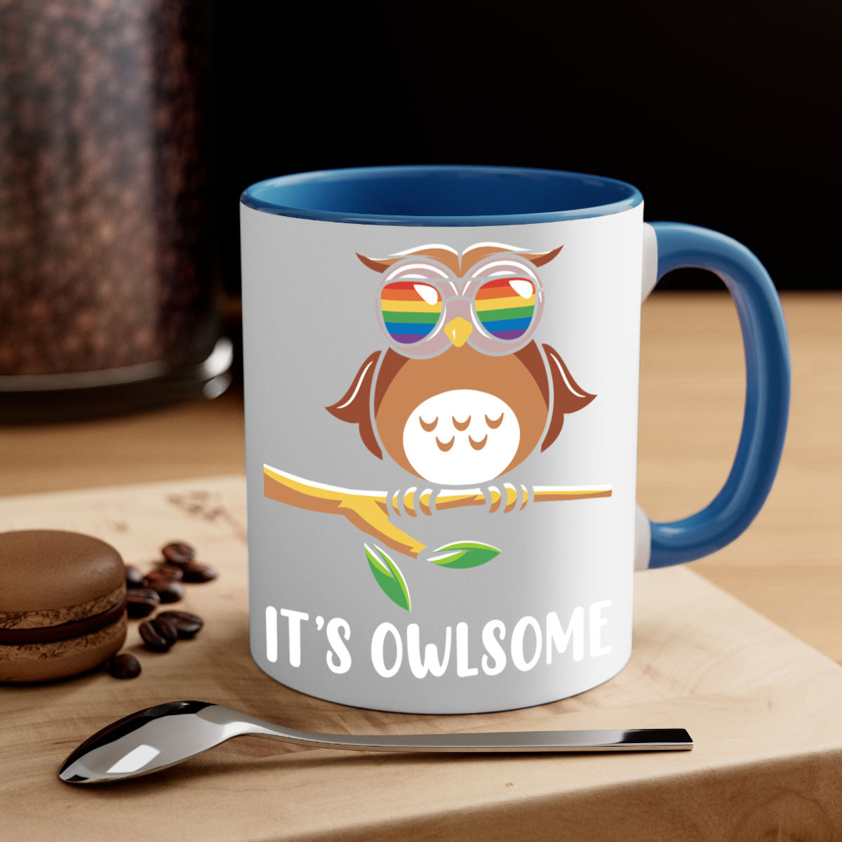 Funny Owl Gift Im Owlsome Mug with colorful handle and glossy finish, perfect for coffee and tea lovers.