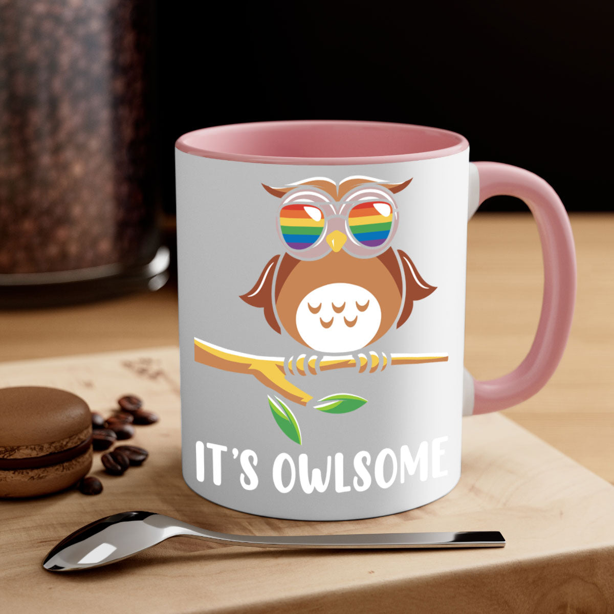 Funny Owl Gift Im Owlsome Mug with colorful handle and glossy finish, perfect for coffee and tea lovers.