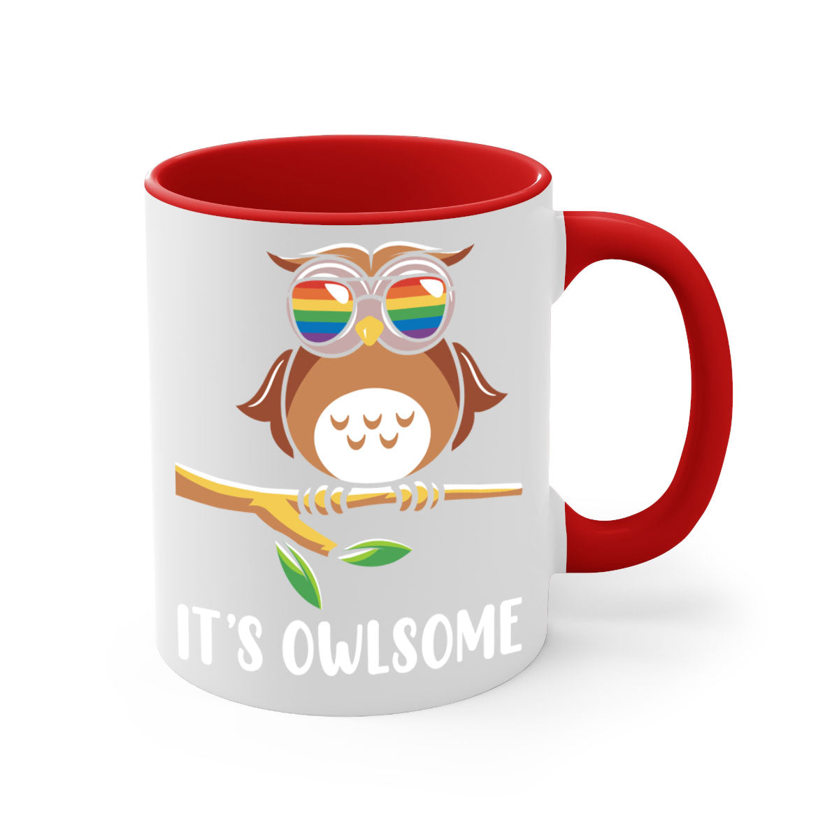 Funny Owl Gift Im Owlsome Mug with colorful handle and glossy finish, perfect for coffee and tea lovers.