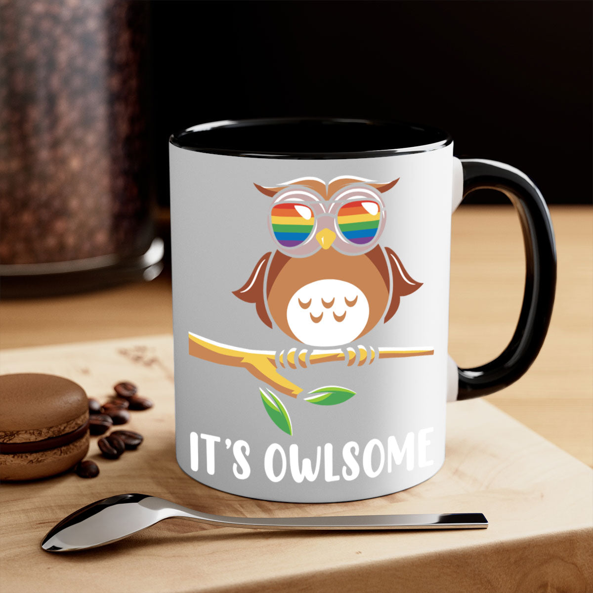 Funny Owl Gift Im Owlsome Mug with colorful handle and glossy finish, perfect for coffee and tea lovers.