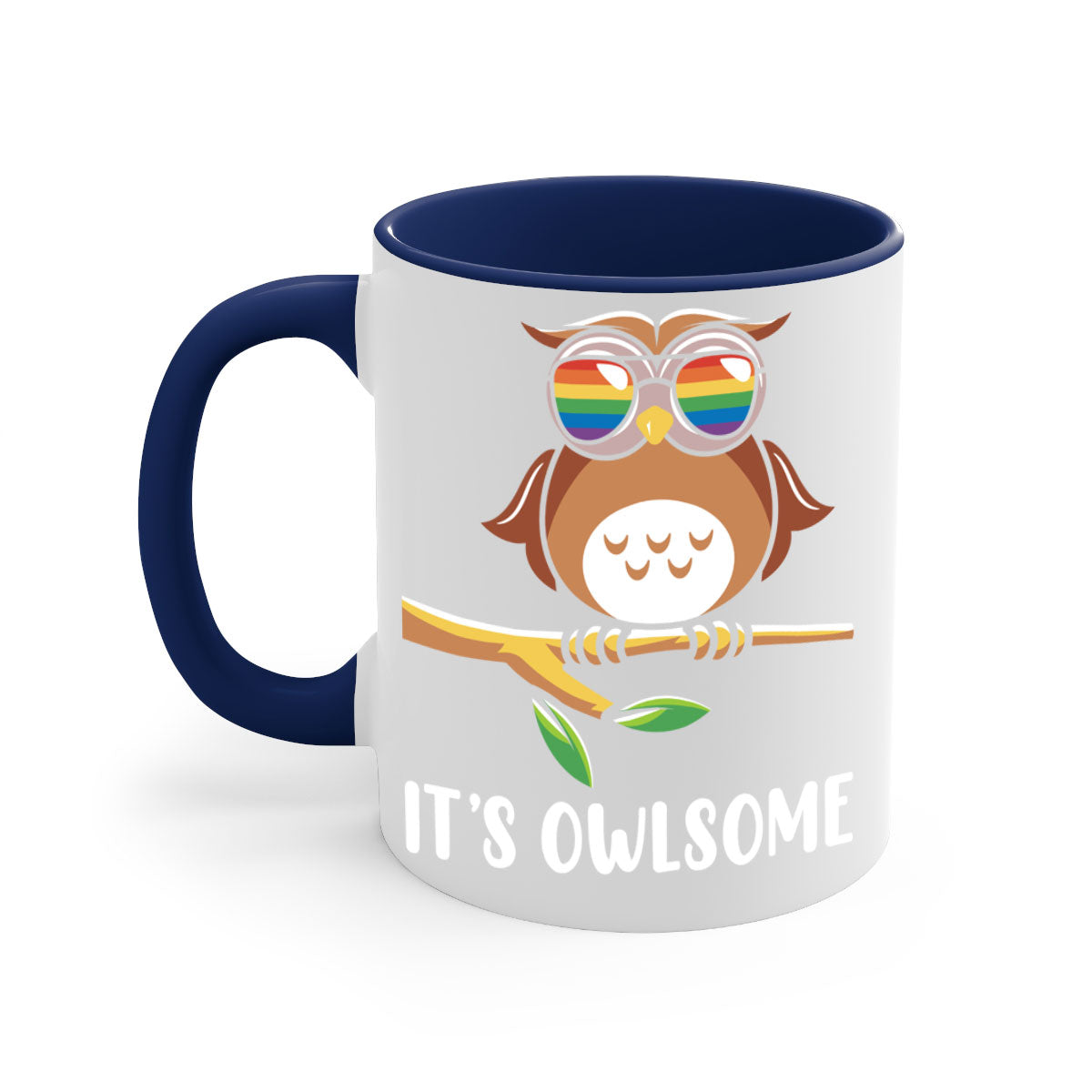 Funny Owl Gift Im Owlsome Mug with colorful handle and glossy finish, perfect for coffee and tea lovers.