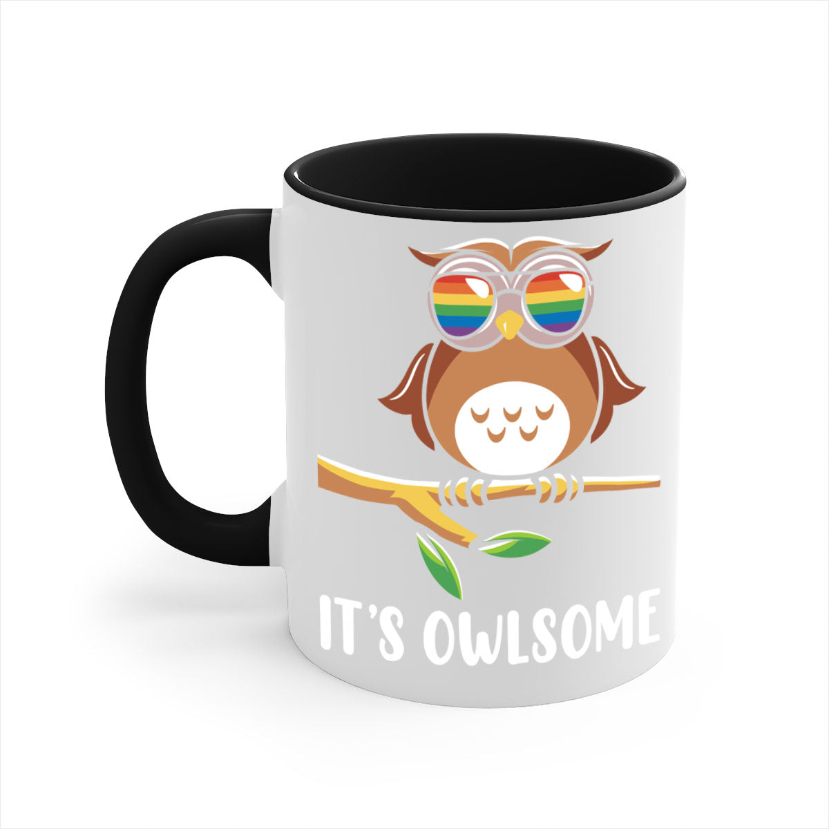 Funny Owl Gift Im Owlsome Mug with colorful handle and glossy finish, perfect for coffee and tea lovers.