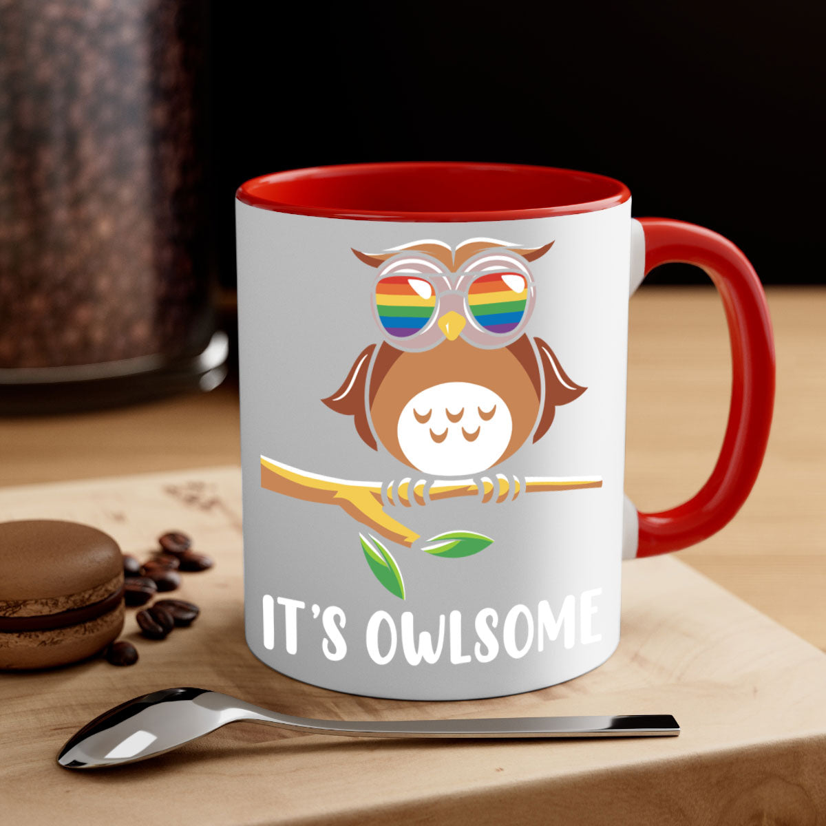 Funny Owl Gift Im Owlsome Mug with colorful handle and glossy finish, perfect for coffee and tea lovers.