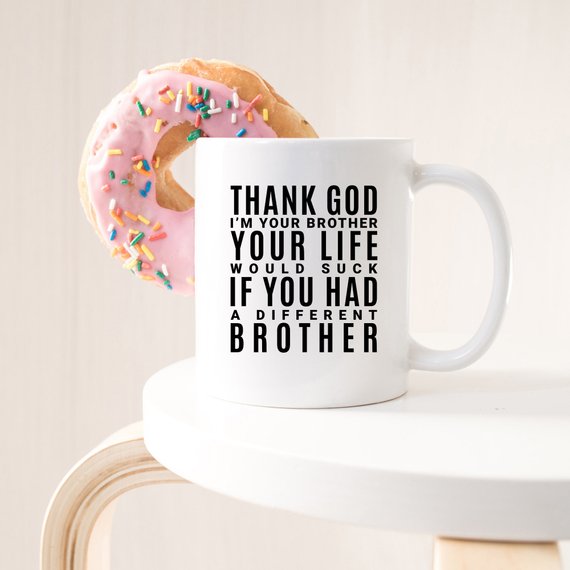 A white ceramic mug featuring a humorous design for sisters, printed on both sides, showcasing vibrant colors.