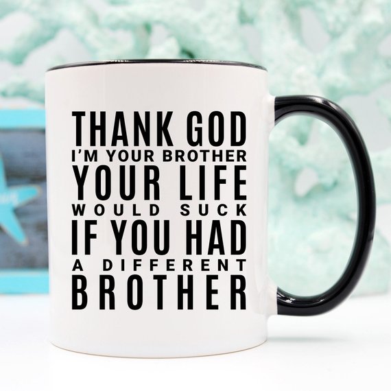 A white ceramic mug featuring a humorous design for sisters, printed on both sides, showcasing vibrant colors.