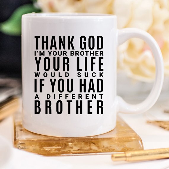 A white ceramic mug featuring a humorous design for sisters, printed on both sides, showcasing vibrant colors.