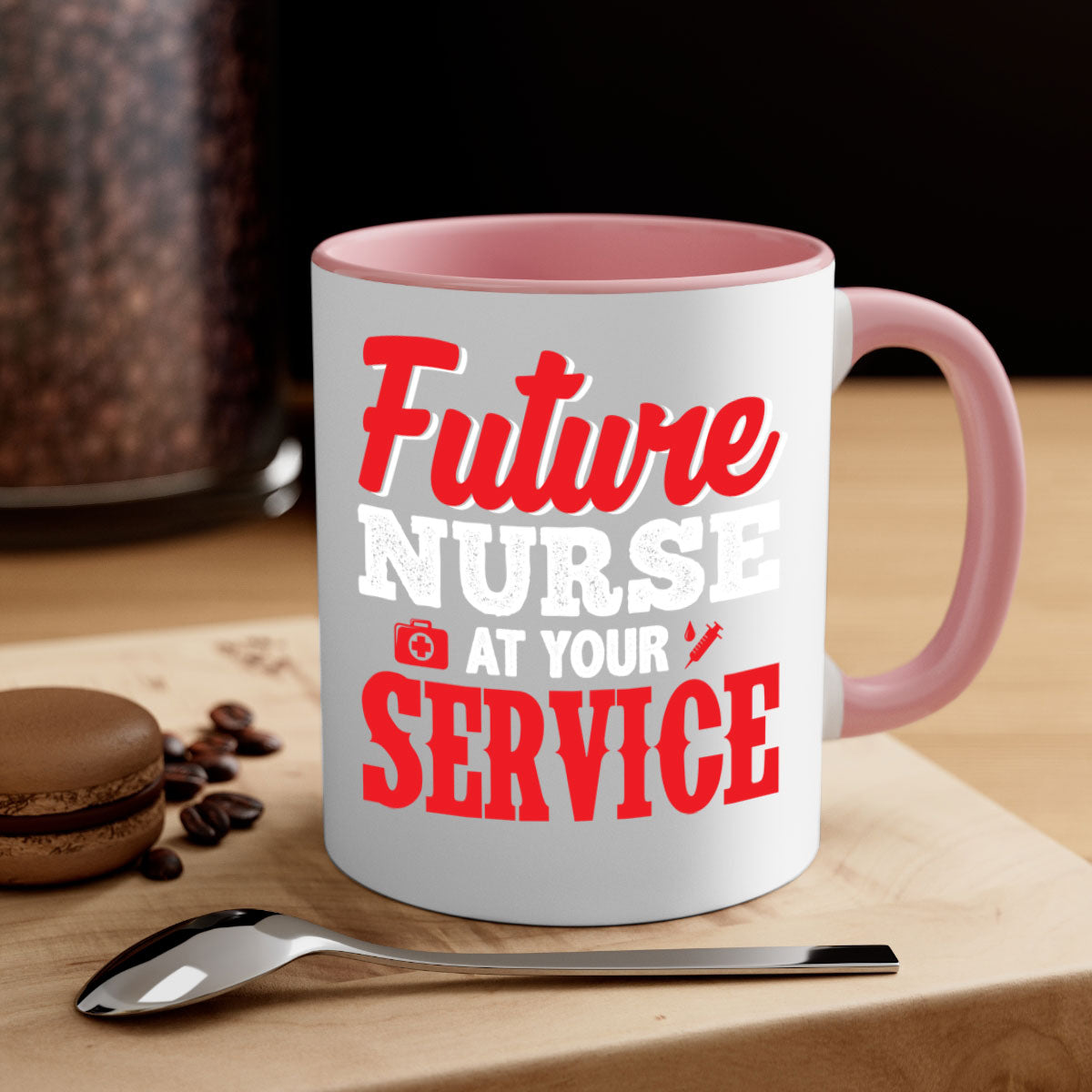 Future Nurse at Your Service Mug with colorful handle and interior, showcasing a glossy finish.