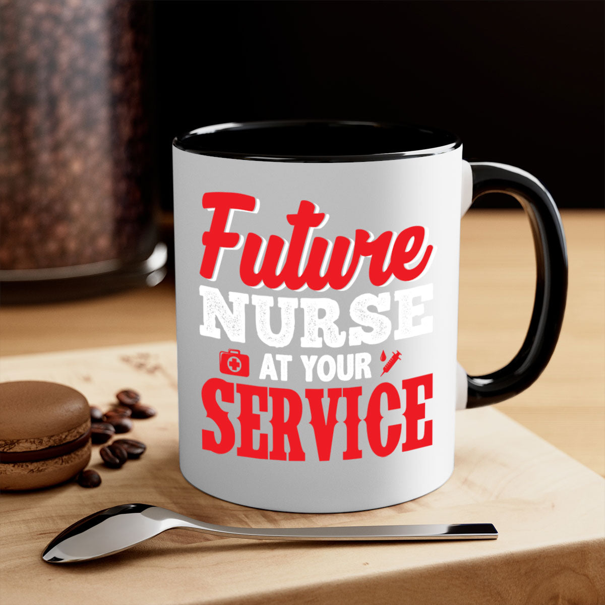 Future Nurse at Your Service Mug with colorful handle and interior, showcasing a glossy finish.