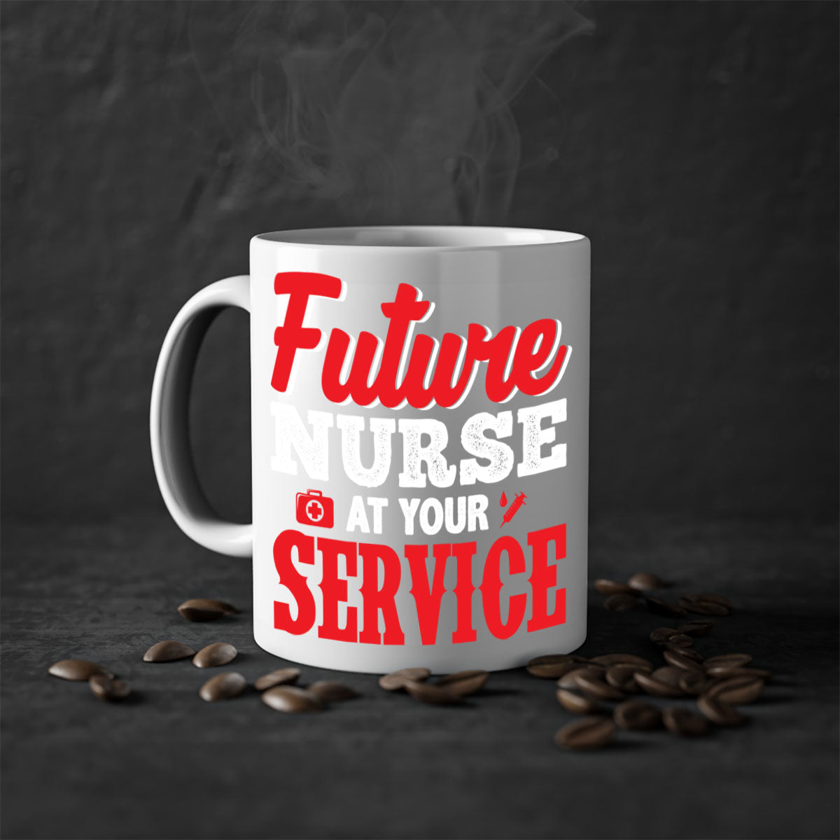 Future Nurse at Your Service Mug with colorful handle and interior, showcasing a glossy finish.