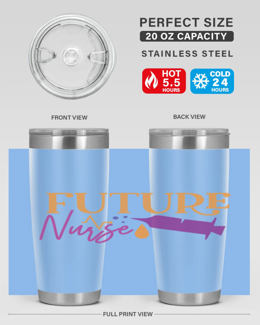 Future Nurse Style 382# tumbler in stainless steel with a vibrant design, showcasing its double wall vacuum insulation and drink-thru lid.