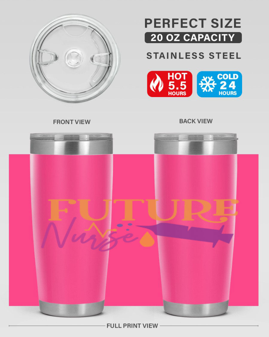 Future Nurse Style 382# tumbler in stainless steel with a vibrant design, showcasing its double wall vacuum insulation and drink-thru lid.