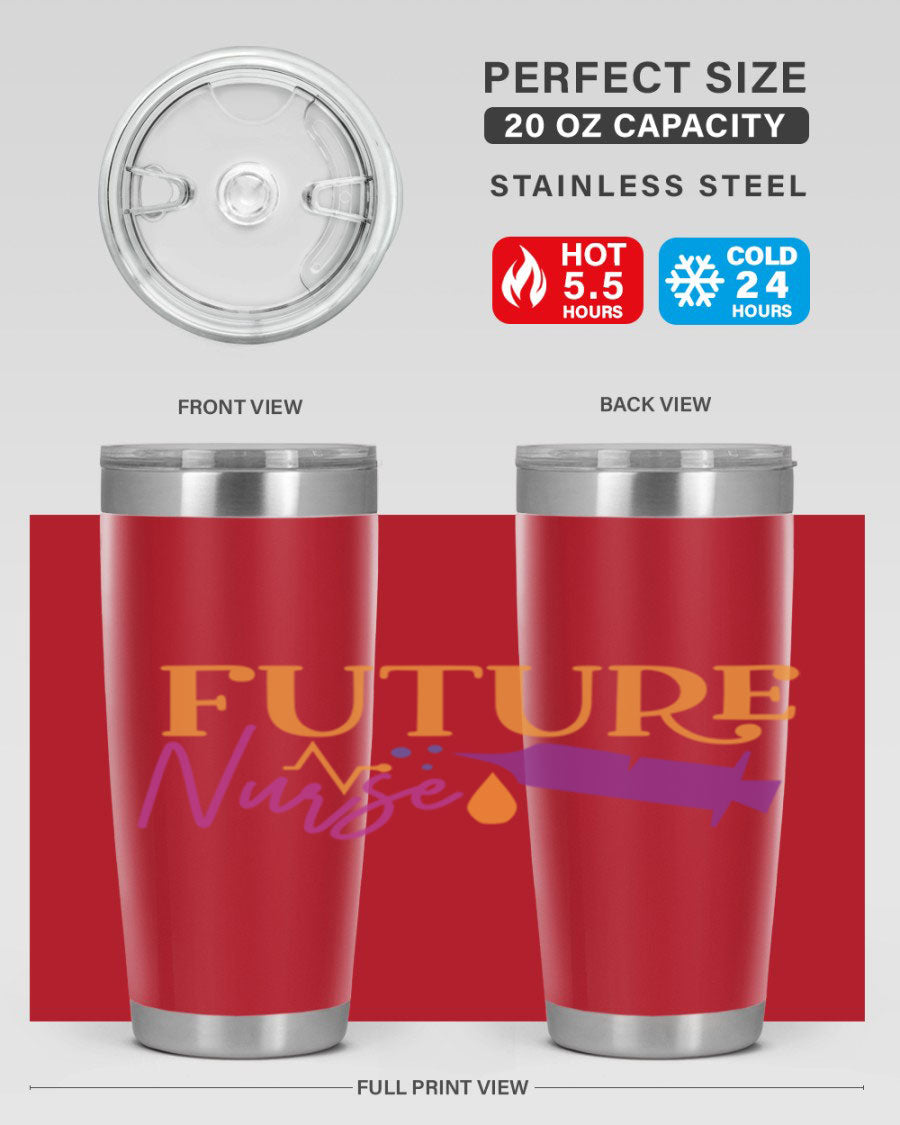 Future Nurse Style 382# tumbler in stainless steel with a vibrant design, showcasing its double wall vacuum insulation and drink-thru lid.