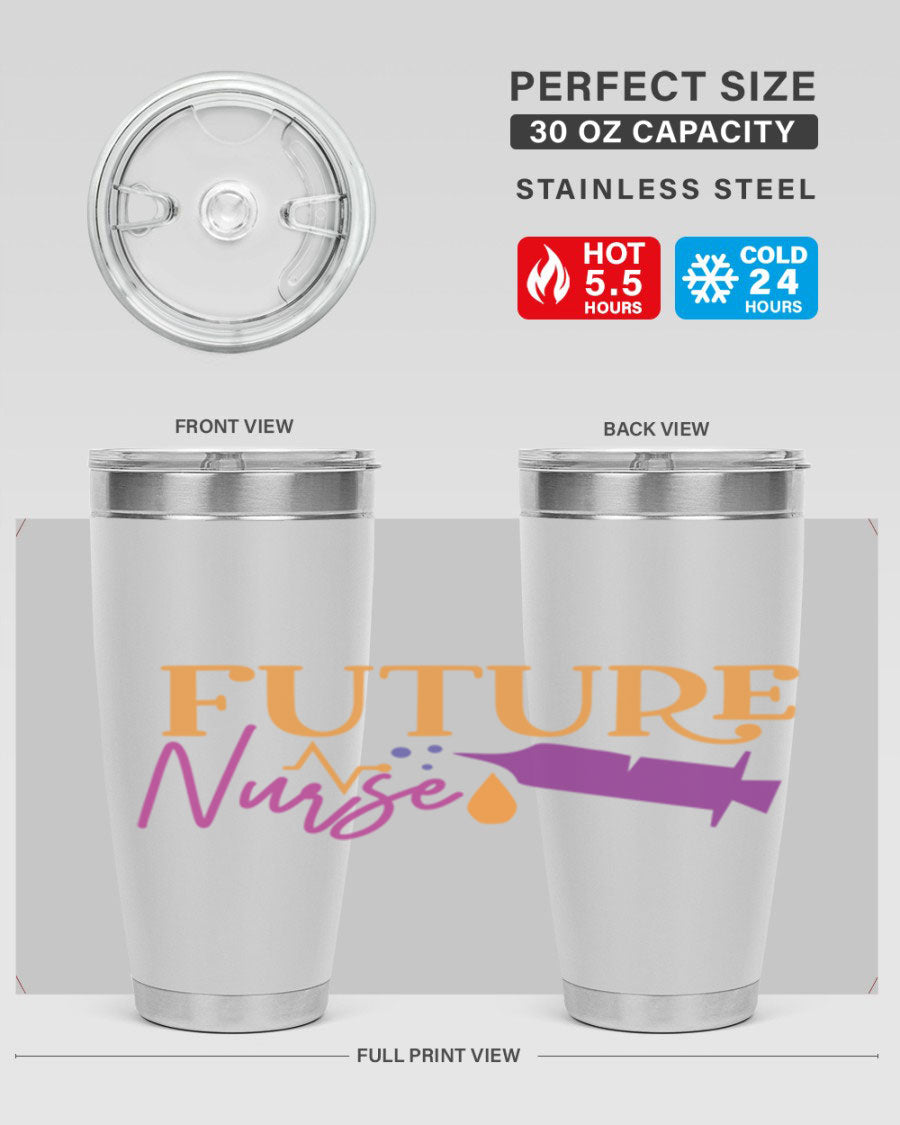 Future Nurse Style 382# tumbler in stainless steel with a vibrant design, showcasing its double wall vacuum insulation and drink-thru lid.