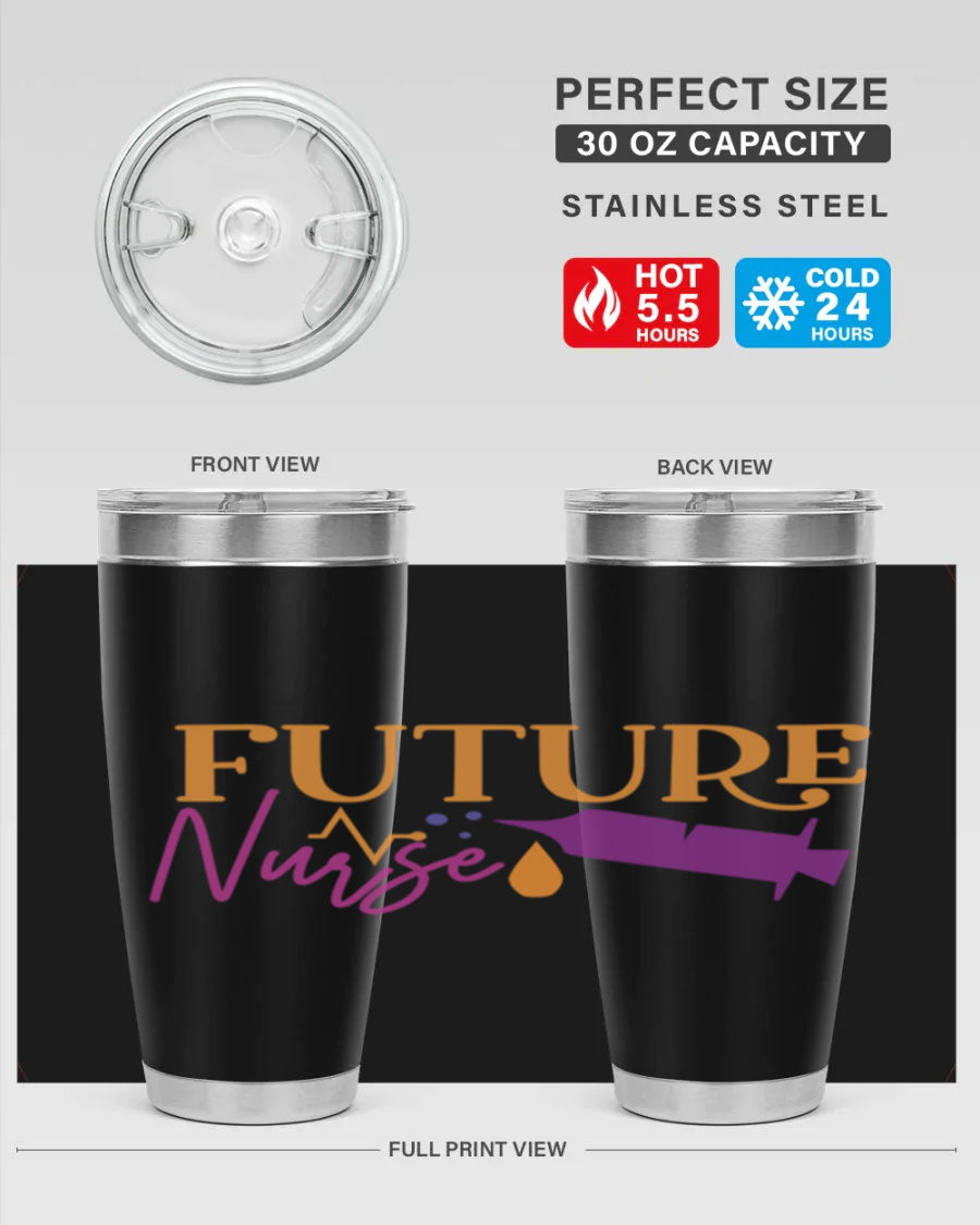 Future Nurse Style 382# tumbler in stainless steel with a vibrant design, showcasing its double wall vacuum insulation and drink-thru lid.
