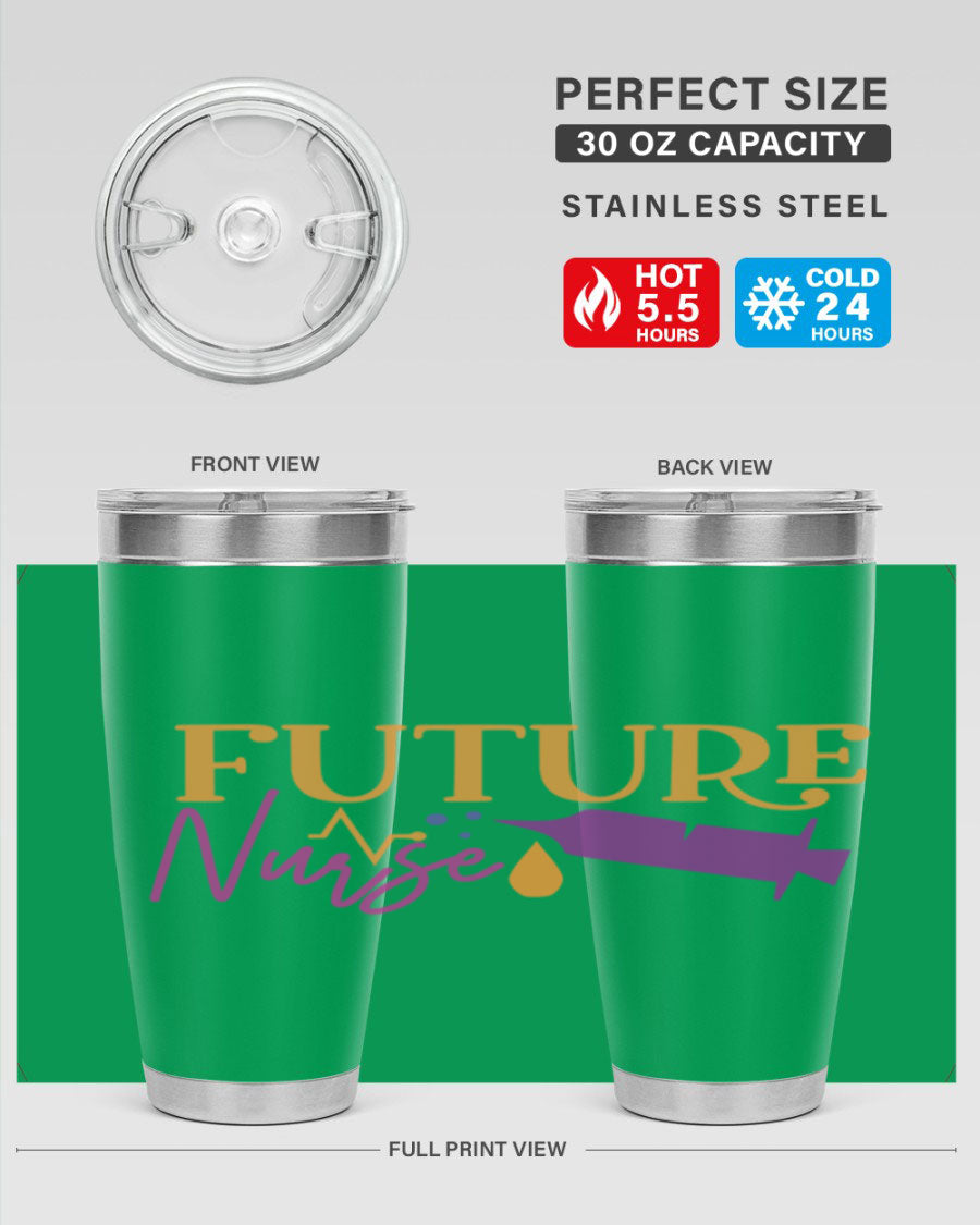 Future Nurse Style 382# tumbler in stainless steel with a vibrant design, showcasing its double wall vacuum insulation and drink-thru lid.