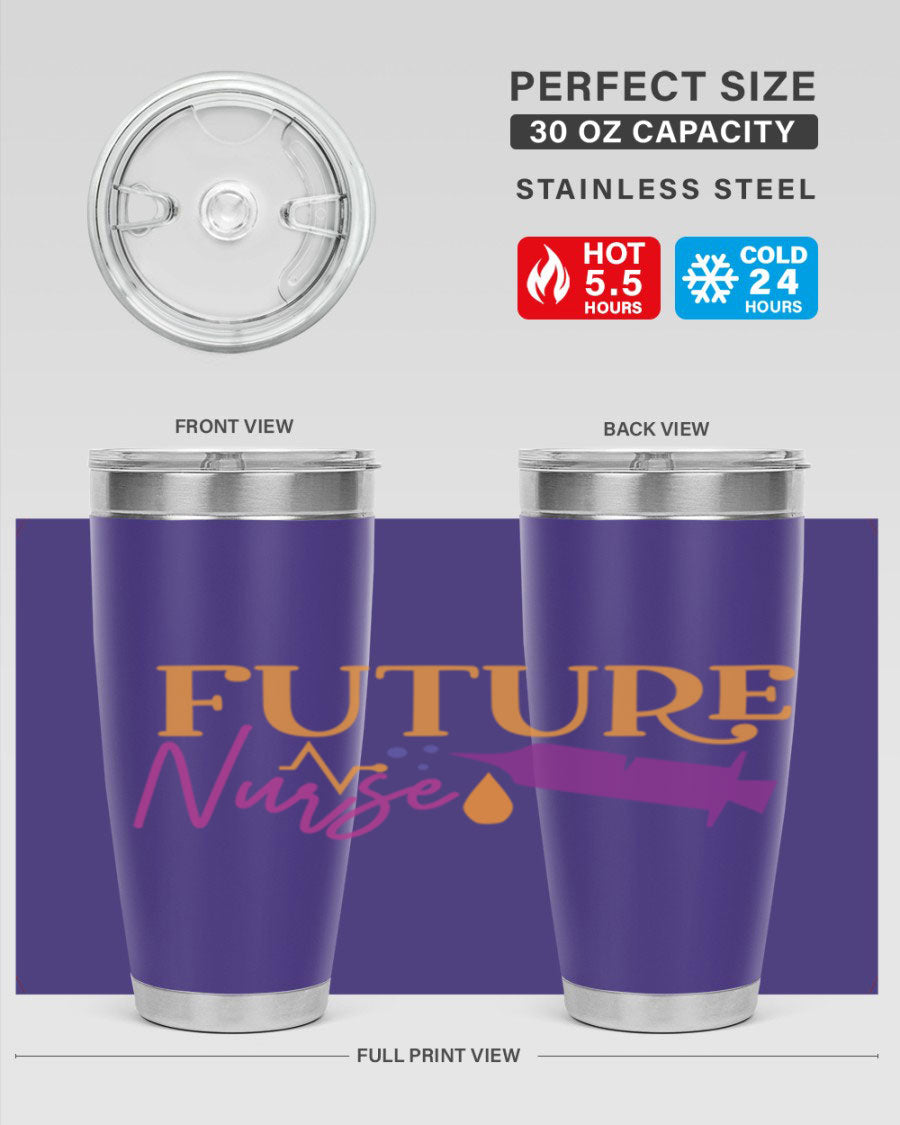 Future Nurse Style 382# tumbler in stainless steel with a vibrant design, showcasing its double wall vacuum insulation and drink-thru lid.