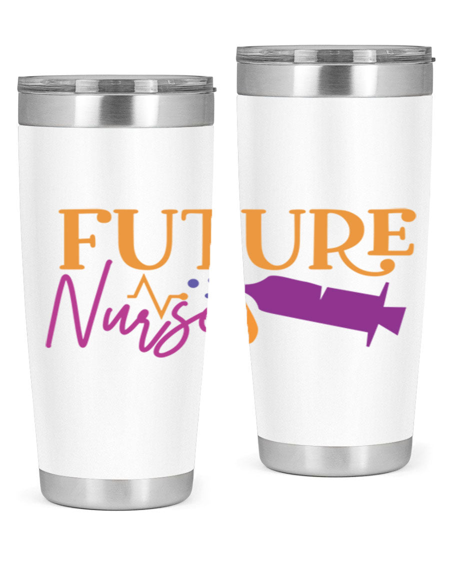Future Nurse Style 382# tumbler in stainless steel with a vibrant design, showcasing its double wall vacuum insulation and drink-thru lid.