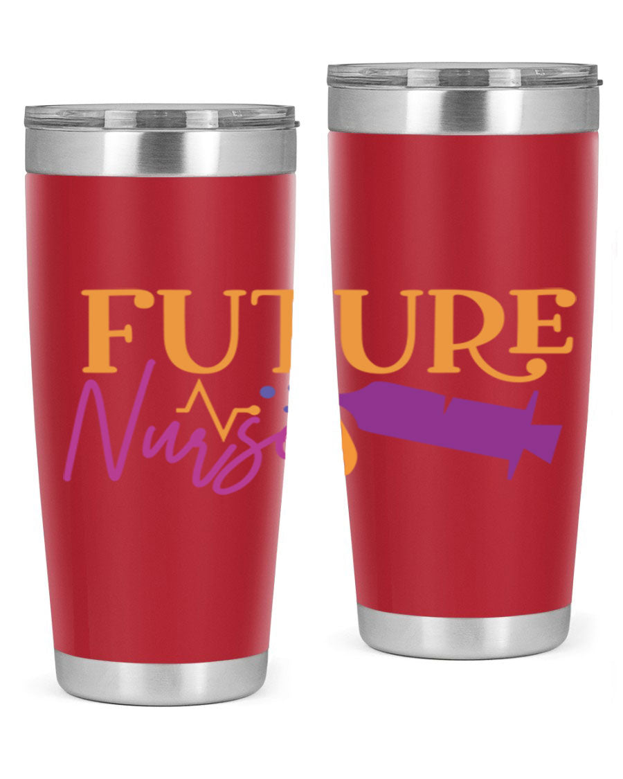 Future Nurse Style 382# tumbler in stainless steel with a vibrant design, showcasing its double wall vacuum insulation and drink-thru lid.