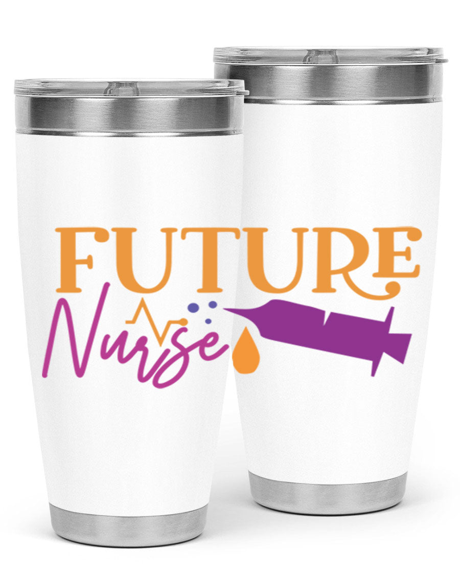 Future Nurse Style 382# tumbler in stainless steel with a vibrant design, showcasing its double wall vacuum insulation and drink-thru lid.