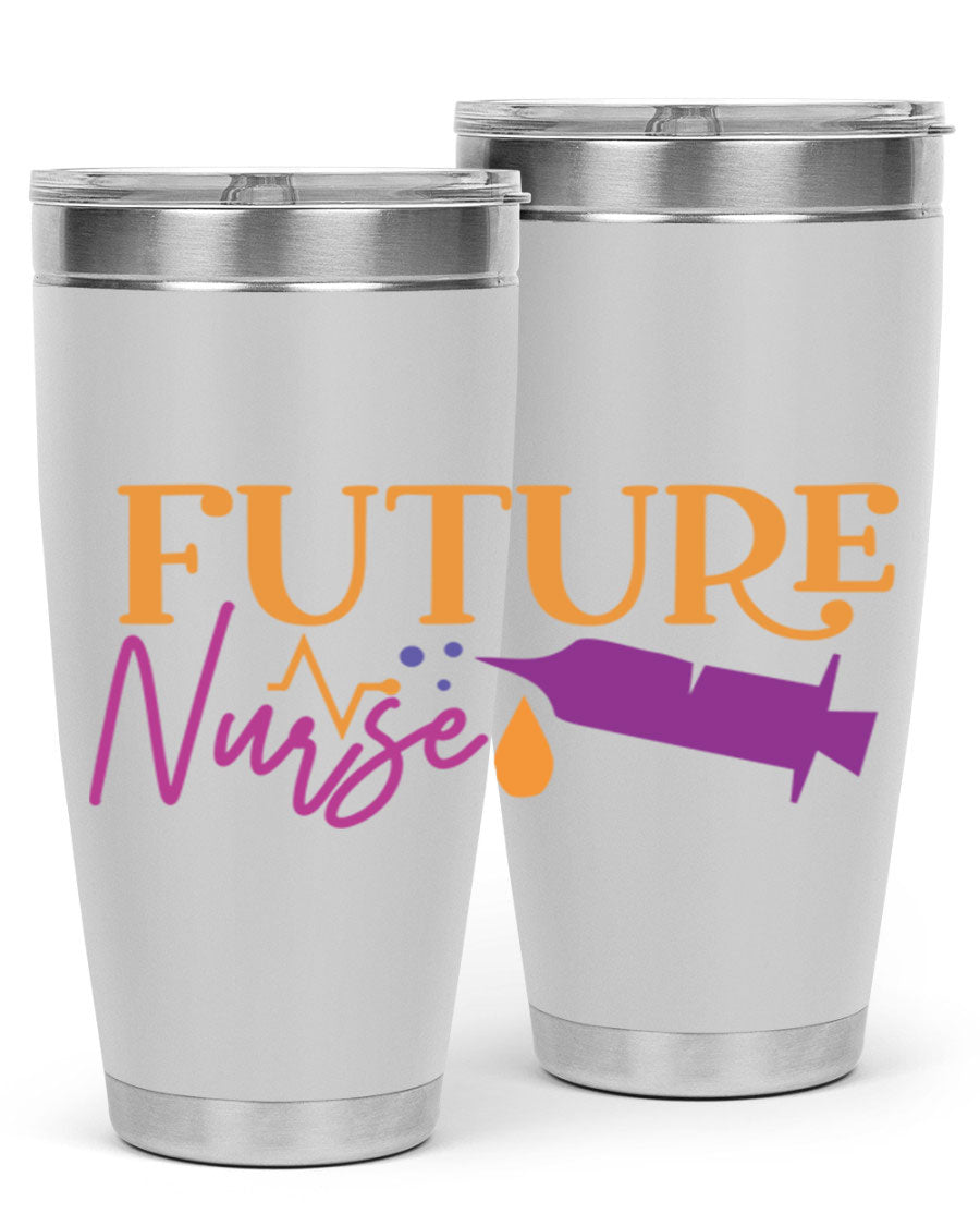 Future Nurse Style 382# tumbler in stainless steel with a vibrant design, showcasing its double wall vacuum insulation and drink-thru lid.